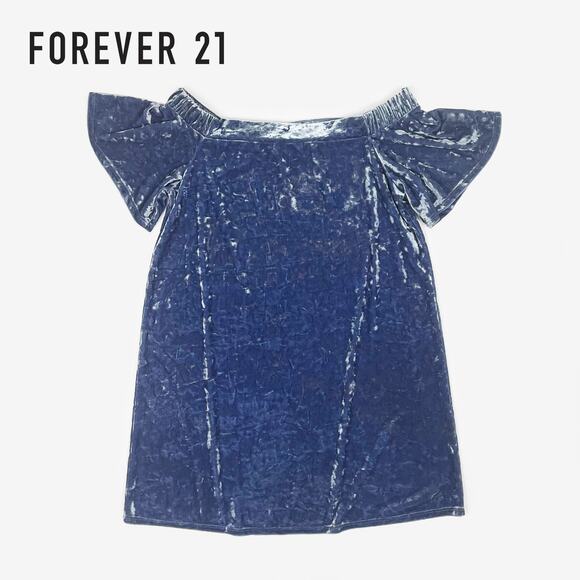 Forever 21 Velvet Mini Dress Size M Blue Off Shoulder Glam Retro Party Cocktail - Picture 11 of 11
